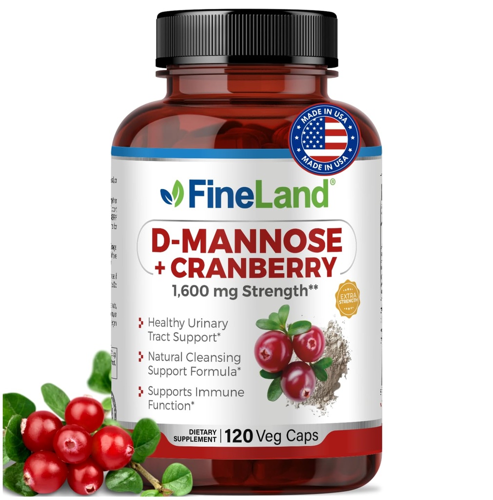 FineLand D-Mannose + Cranberry – 1600mg per Serving – 120 capsule vegane – Supporto per la salute del tratto urinario e della vescica – Non OGM, senza glutine, Made in USA
