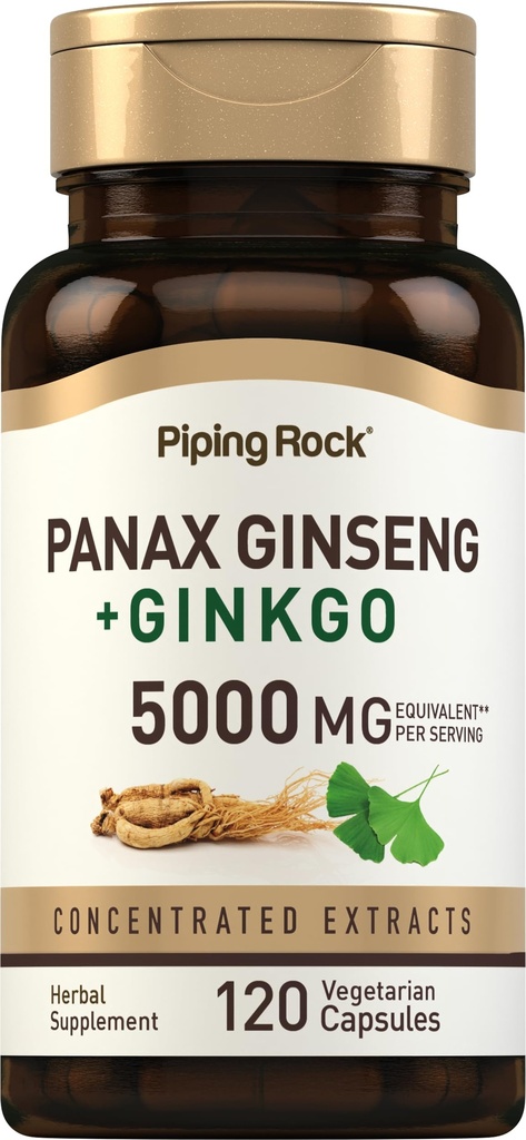 Piping Rock Panax Ginseng & Ginkgo Biloba Supplemento | 5000 mg | 120 capsule | con estratto di pepe nero | Vegetariano, Non OGM e Gluten supplemento gratuito