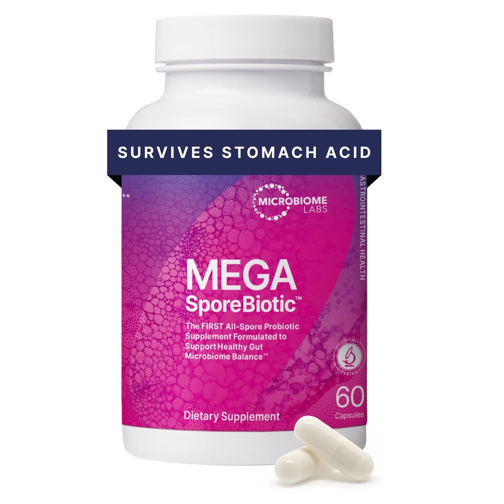 Microbiome Labs MegaSporeProbiotici Biotici per le donne e gli uomini - Probiotici basati su spore per la salute e il supporto digestivo Gut - Shelf-Stable, Travel-Friendly, Mens & Womens Probiotics (60 capsule)