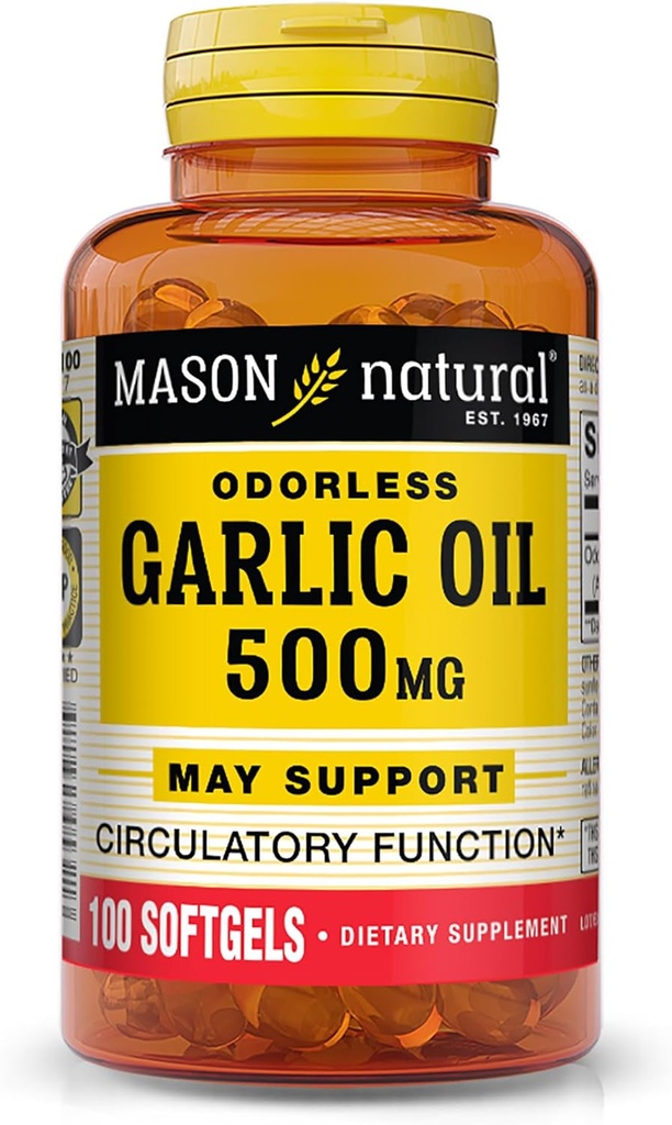 MASON NATURAL Aglio Olio 500 mg Odorless Allium Sativum Supplemento - Supporta la funzione circolatoria sana, 100 Softgels