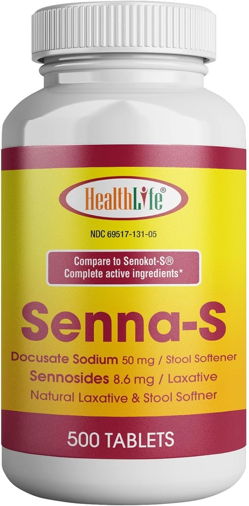 HEALTH LFE Senna-S Tablets, Senna Plus (Stool Softener Laxative/Stool) Rilievo notturno delicato della costipazione occasionale Generico per Senokot-S (Small (Pack of 1), 500)