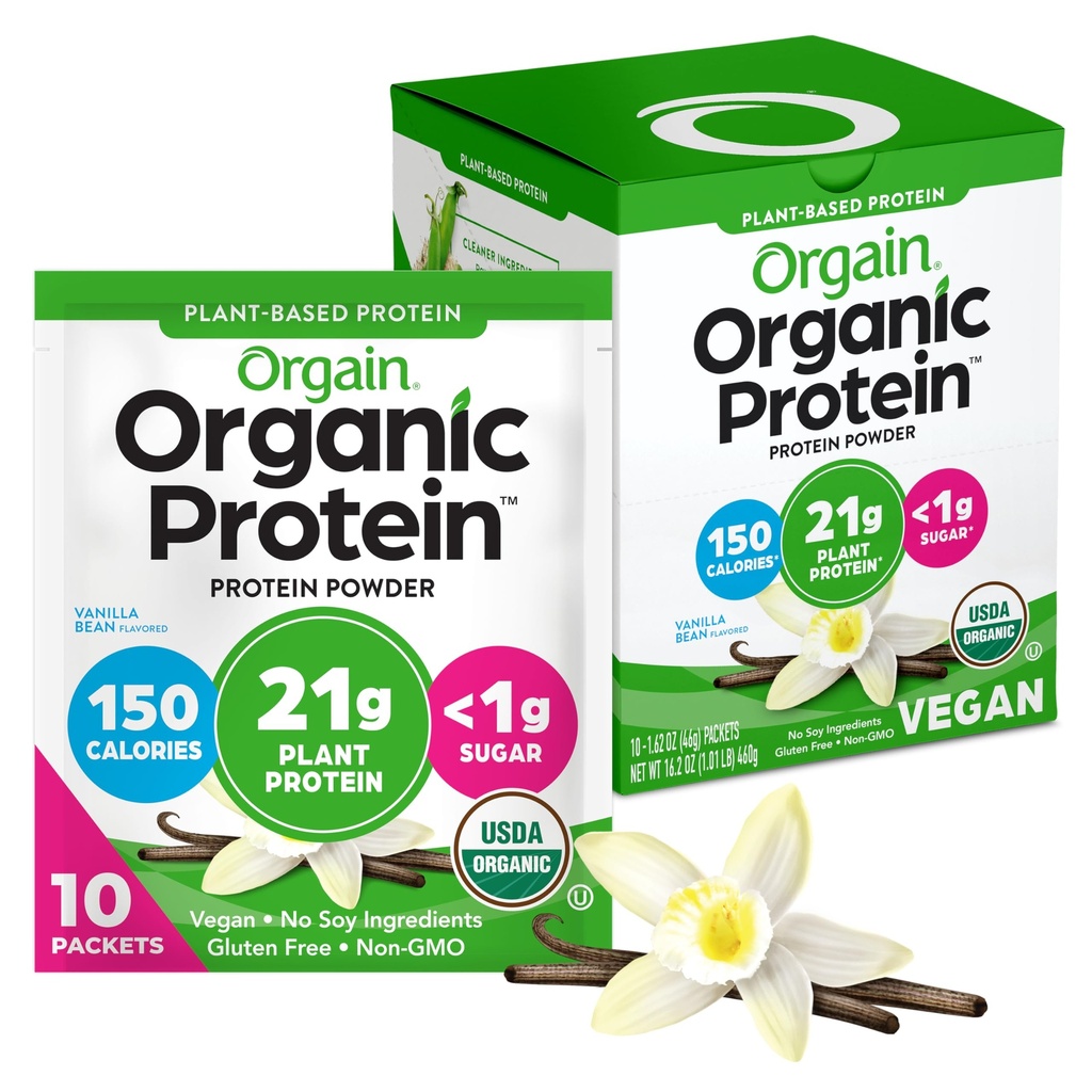 Orgain Organic Vegan Protein Powder, Vanilla Bean - 21g Plant Protein, 5g Prebiotic Fiber, Carbo basso, Nessun Lattosio Ingredienti, Non Aggiunto Zucchero, Non OGM, Per Shakes & Smoothies, 10 pacchetti di viaggio