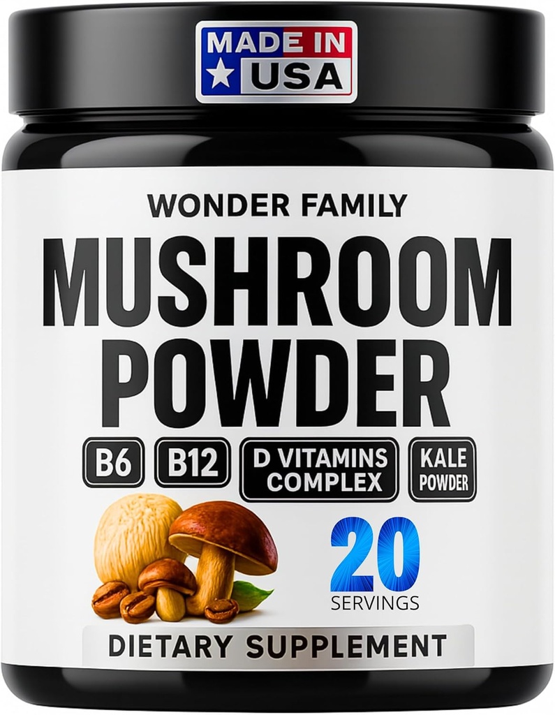 Polvere di funghi istantanea 10:1 – Supplemento di funghi Cordyceps con Reishi, Chaga & Shiitake – Bevanda notturna senza caffeina con B6, B12, D + Probiotics Mushroom Cacao Organic Blend (Nessun dolcificante)