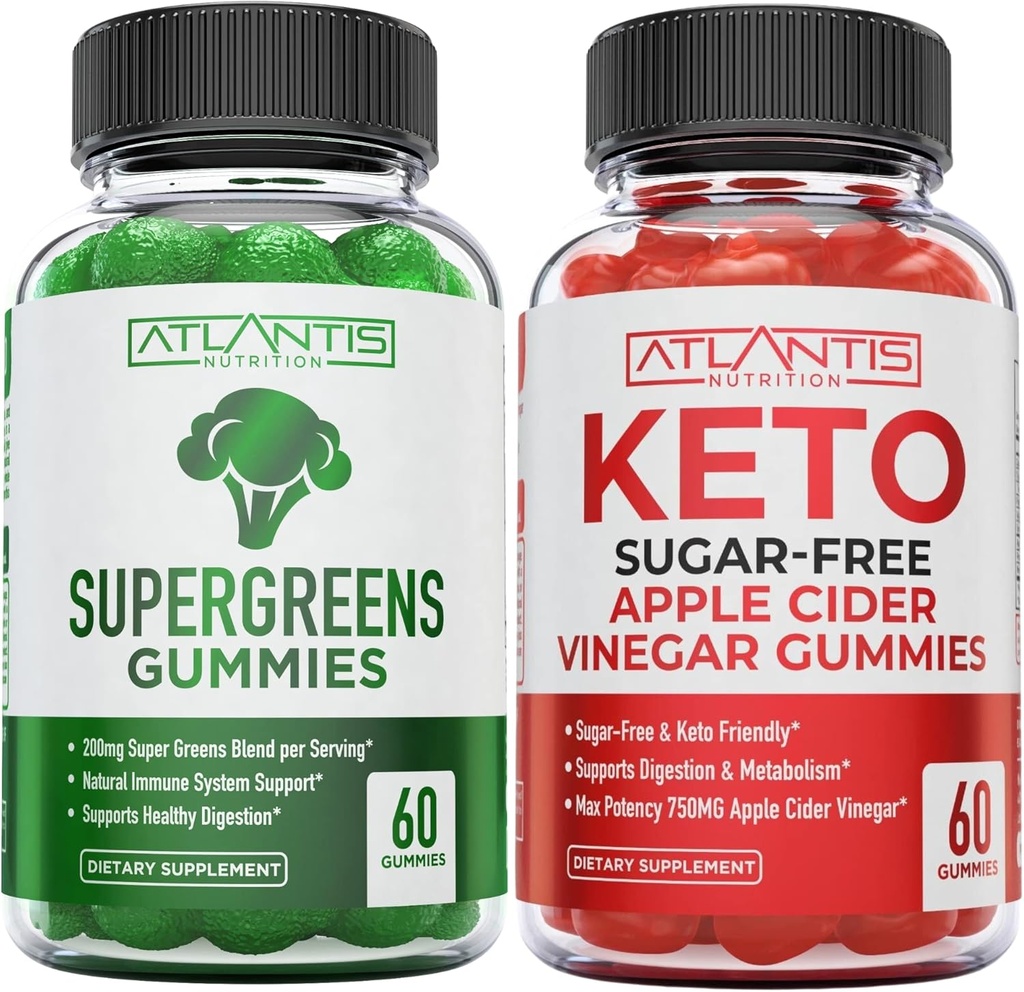 Atlantis Nutrition Supergreens 60 Gummies + Sugar Free Keto Aceto di sidro di mele 60 Gummies