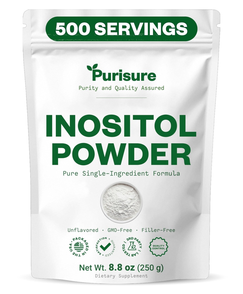 Polvere di Myo-Inositol Purisure, 250g, fertilità, equilibrio ormonale e supporto ovarico, polvere di inositolo puro, integratore di Myo Inositol per sostenere l'energia e il benessere del cervello, Vegan, non OGM, 500 Servings