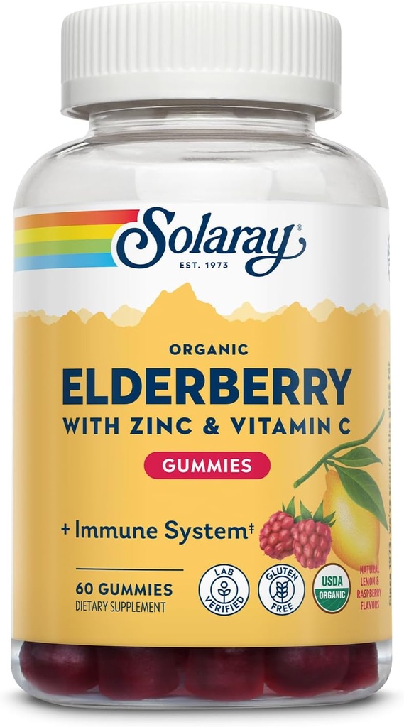 SOLARAY Organic Elderberry Gummies w/Zinc & Vitamin C | Supporto sano del sistema immunitario | Gluten Free | 30 Serv, 60 Ct