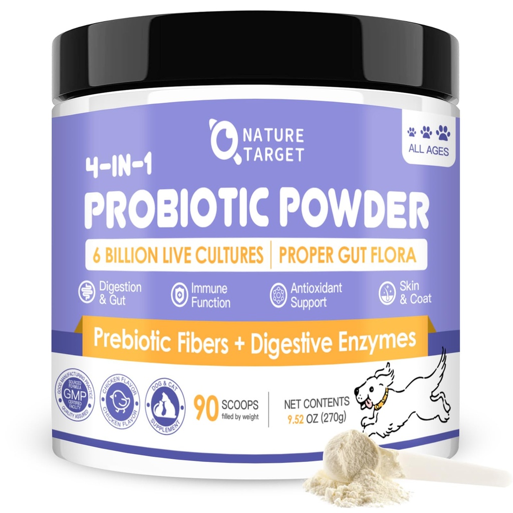 NATURA TARGET Probiotici per cani - Probiotici per cani, Plus Prebiotici, Enzimi digestivi, Fibra, Supporto Gut, Salute immunitaria, 6 miliardi di CFU Dog Probiotic Powder, Relieve Diarreea, Sgabello Loose, 90 Scoops