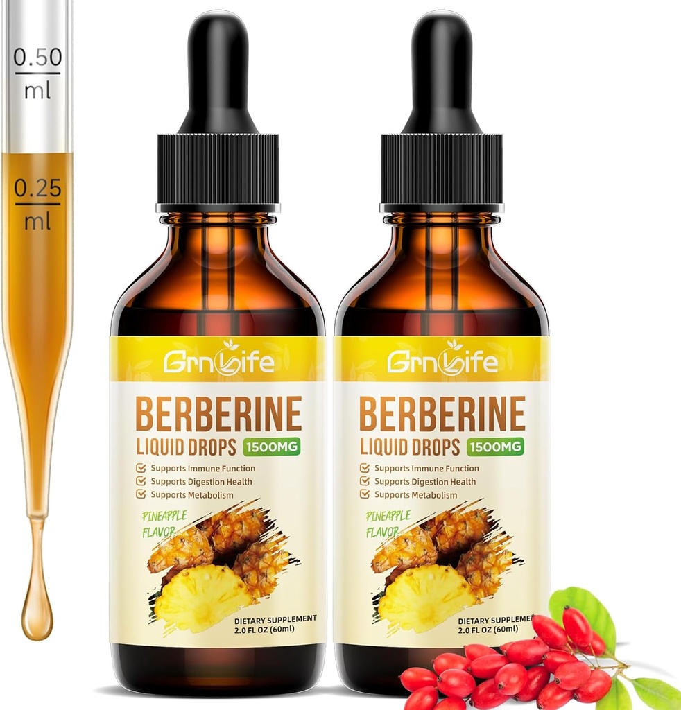 (2 Pack) Integratore di Berberina, 1500mg Gocce Liquide di Berberina Organica con Cannella di Ceylon, Melone Bitter - Supporta Immune e Metabolismo, Vegan, Ananas Flavor-2 FL Oz