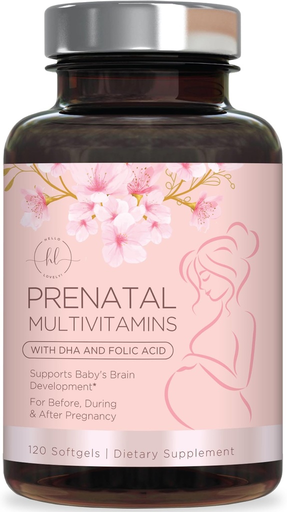 Vitamine prenatali per le donne con acido folico & DHA, supporto per lo sviluppo del cervello fetale con Folate & Omega 3's, Multivitamina con vitamina A, C, D, B6, B12 & Iron, supplemento di gravidanza - 120 Softgels