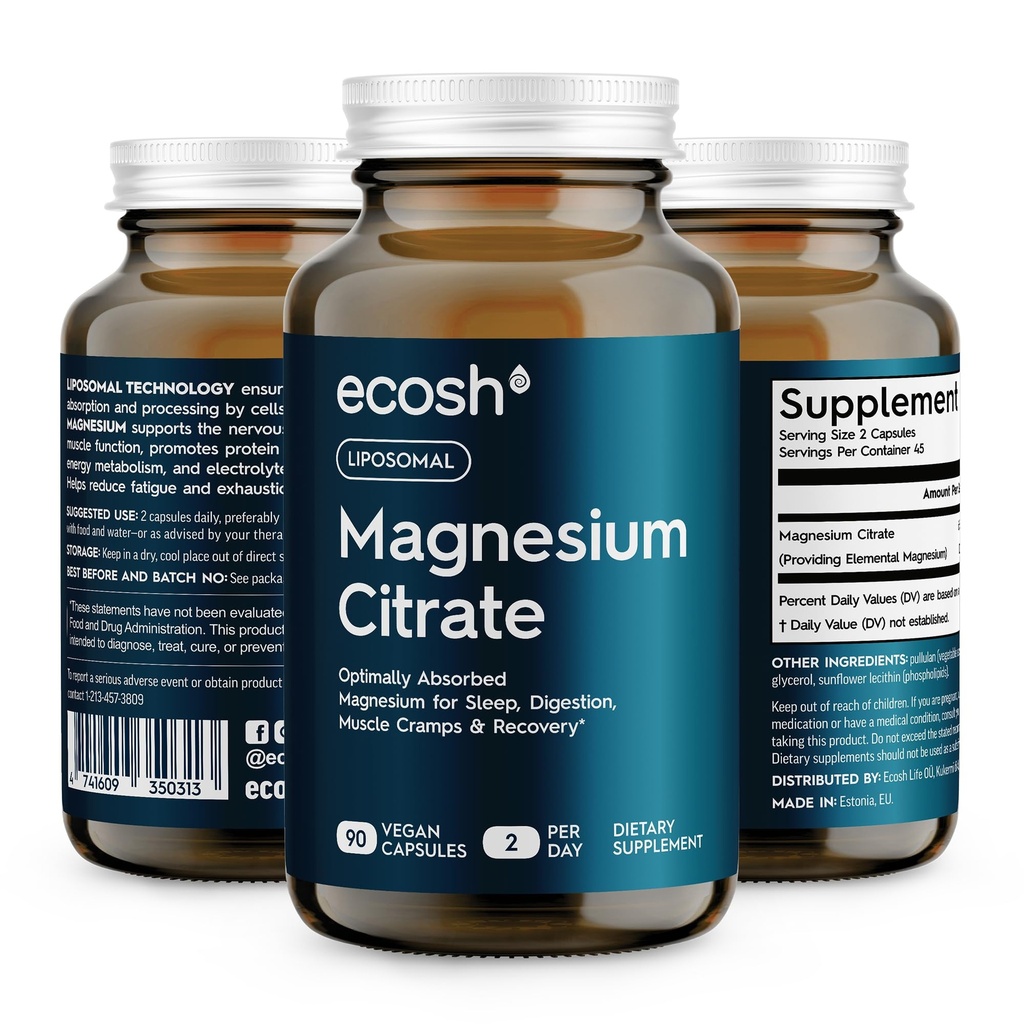 Liposomal Magnesium Citrate Capsule — Supplemento di Magnesio ad alto assorbimento per costipazione, sonno, crampi muscolari e recupero | Mg ad alta potenza | Facile da ingoiare Veg Capsule | Non OGM | 90 ct
