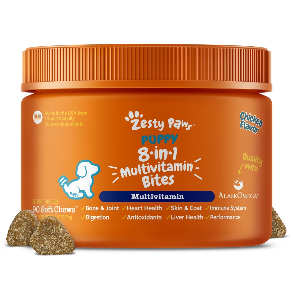 Zesty Paws Dog Multivitamin, Chewable Dog Vitamins and Supplements for Hip & Joints, Skin & Coat, Omega 3 Fish Oil for Dogs- Puppy Multivitamin - Pollo Puppy Bites- 90ct