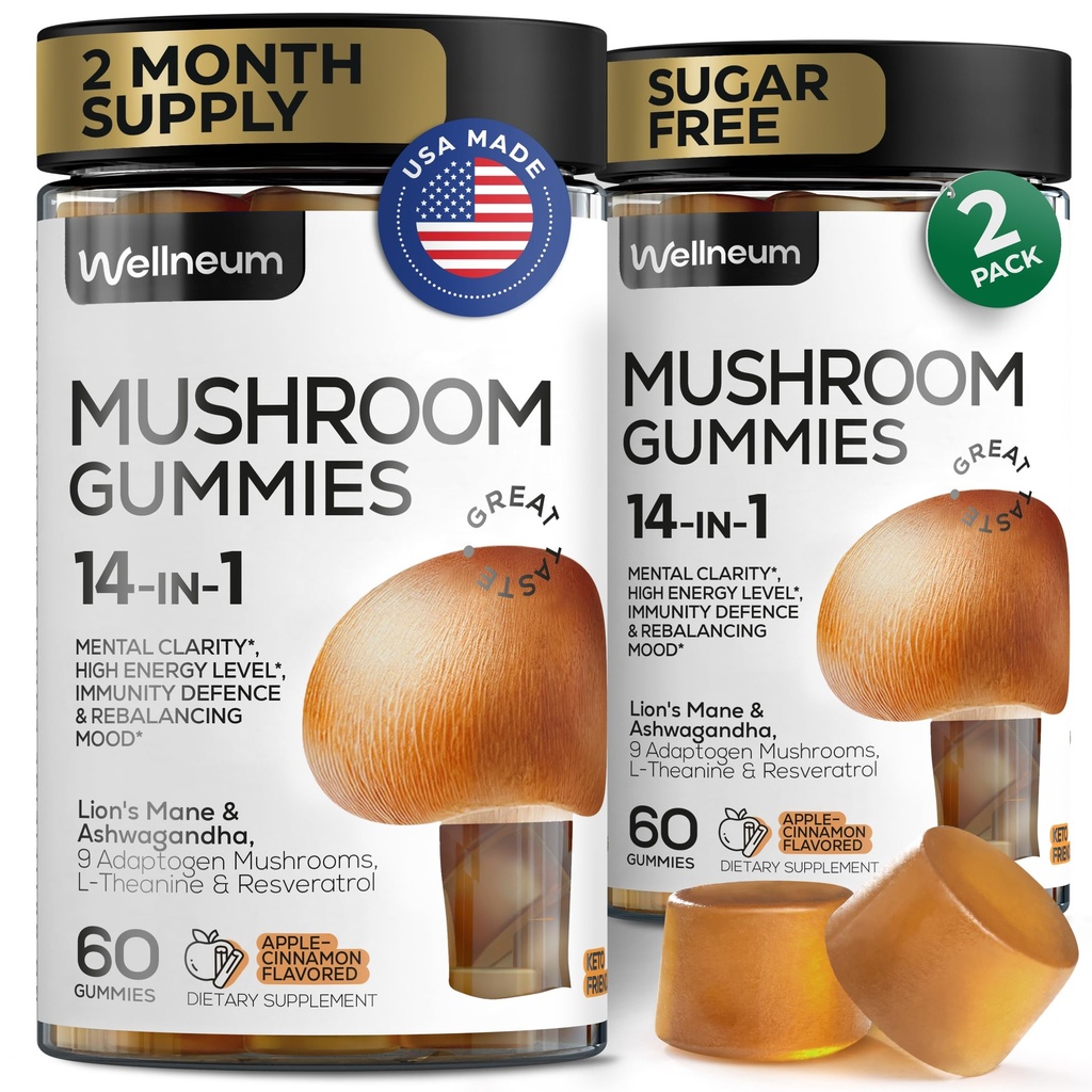 Mushroom Gummies 5000 Mg 120 Pcs (2 Pack) - Lion's Mane e 9 Adaptogenic Mushrooms Blend - Ashwagandha, L-theanine - Mushroom Gummies for Energy, Immunity, Focus, Brain Boost - No Sugar and GMO