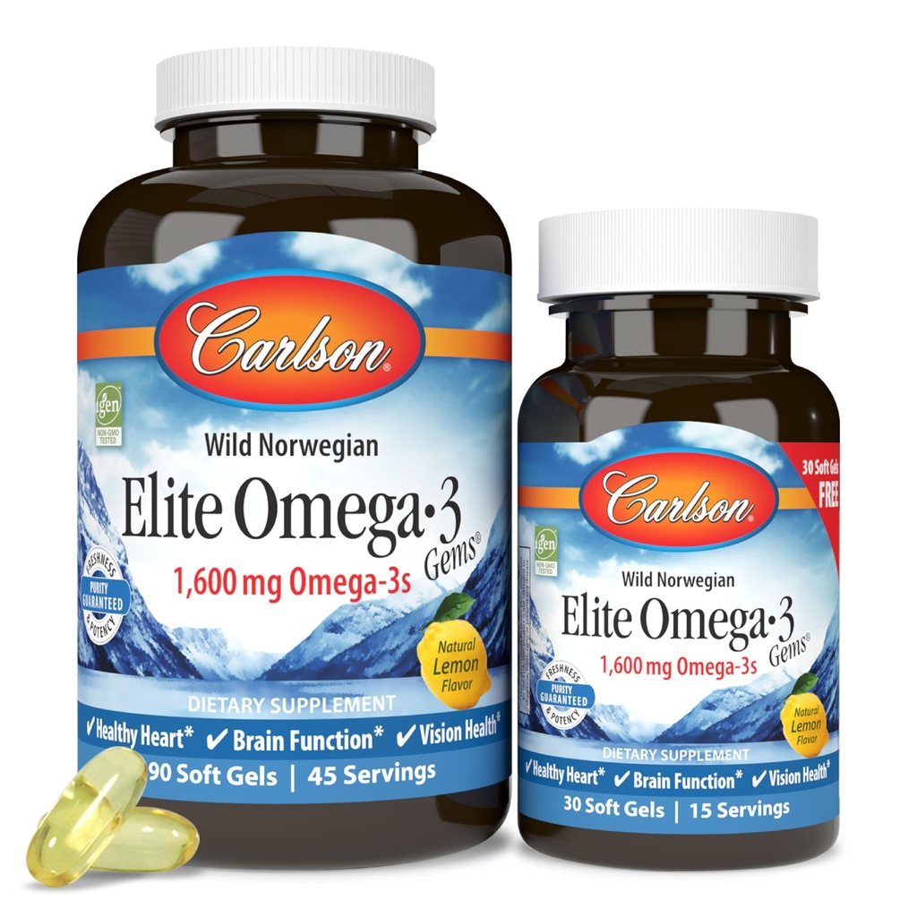 Carlson Labs Elite Omega-3, 1600 mg, Gems Fish Oil Soft Gel, Natural Lemon Flavor, 2 Pack (120 Count Every)