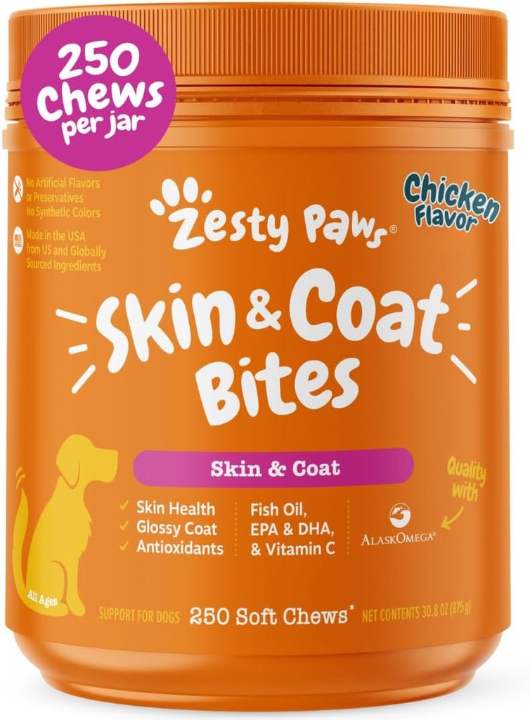 Zesty Paws Omega 3 Fish Oil for Dogs - Zesty Paw Dog Vitamine e integratori per Hip, Joint & Skin, Pollo (250 Chews)
