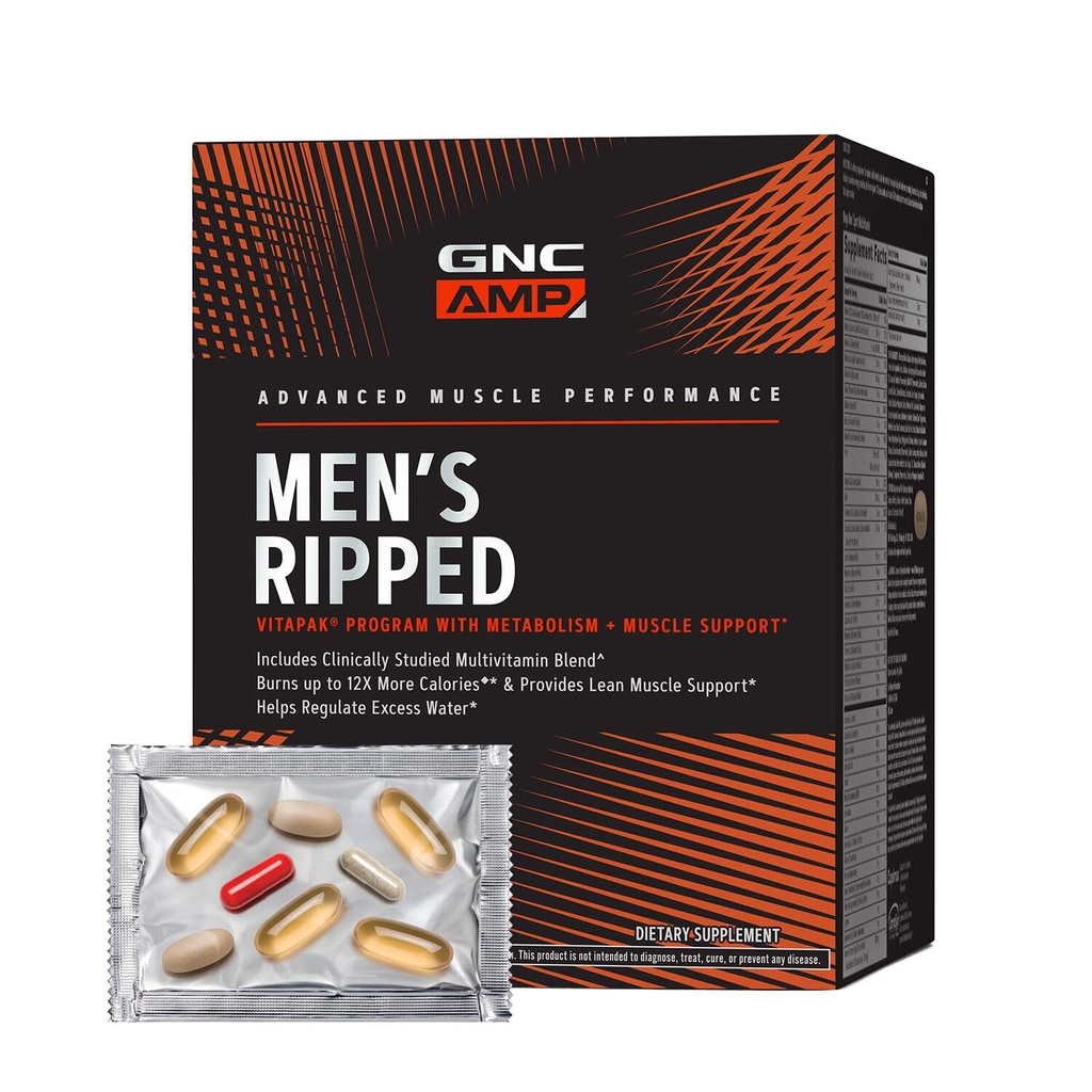 Programma di Vitapak Ripped degli uomini di GNC AMP, 4 in 1 confezione di vitamina del prodotto, Metabolismo e tono muscolare magra, Calorie di bruciare, spargimento dell'acqua, Multivitamina adulto, caffeina, CLA, ingredienti provati, alimentazione di 30 giorni