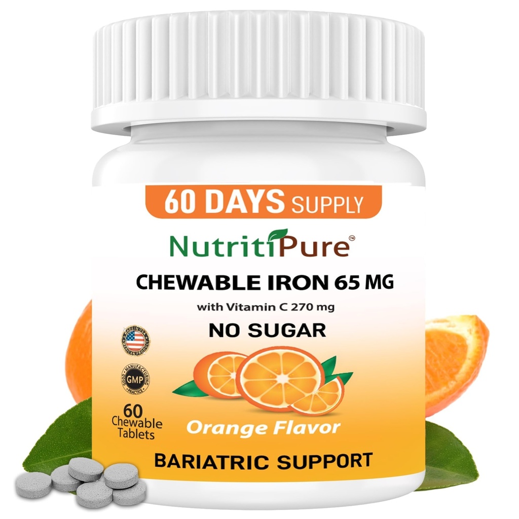Ferro masticabile 65 mg con vitamina C 270 mg (per le donne/maschio) |60 giorni Alimentazione | No Zucchero- Zesty Arancione Flavor Supplemento 60 Conte