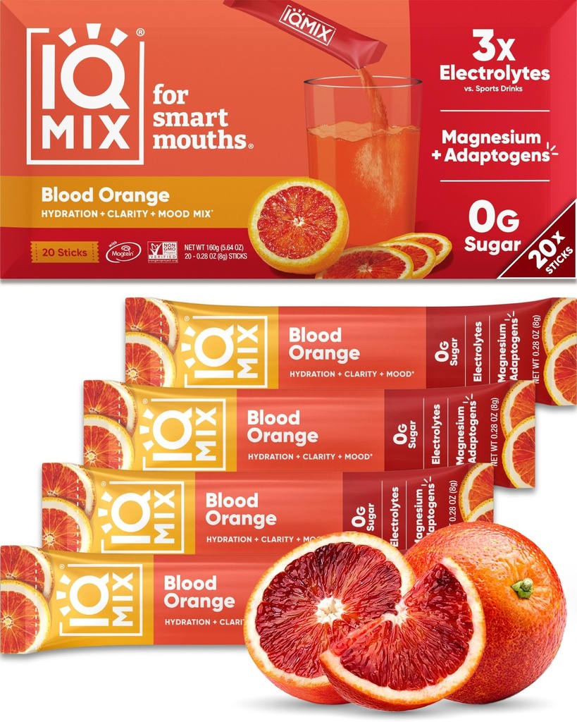 IQMIX Hydration Electrolyte Powder – Formula 4-in-1 per l'idratazione, la consistenza mentale, l'umore e il recupero – Miscela di bevanda senza zucchero, Keto, Magnesio L-Threonate, Mane del leone – 20 Conte Blood Orange
