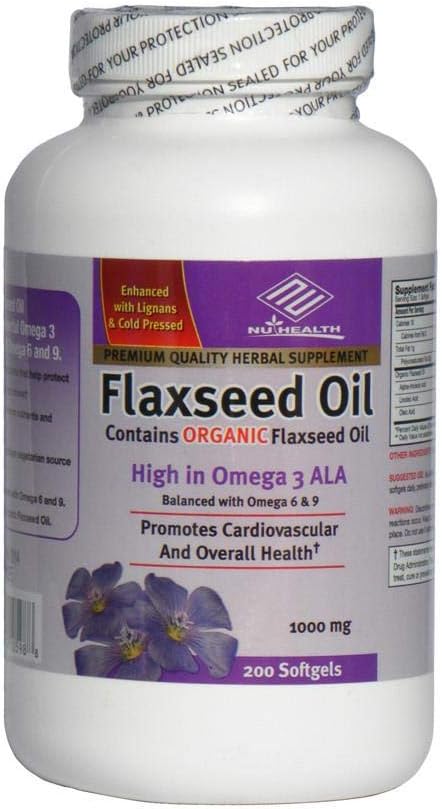 Olio di semi di lino biologico 1000 mg 200 conteggi alti in Omega 3 ALA