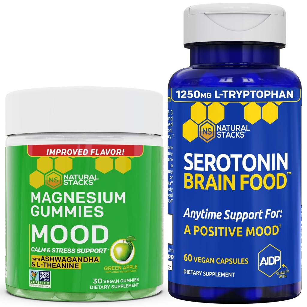 NATURAL STACKs Mood Magnesium Citrate Gummies + Serotonin Brain Food Bundle - Positivo Mood & Stress Support - 90 pezzi