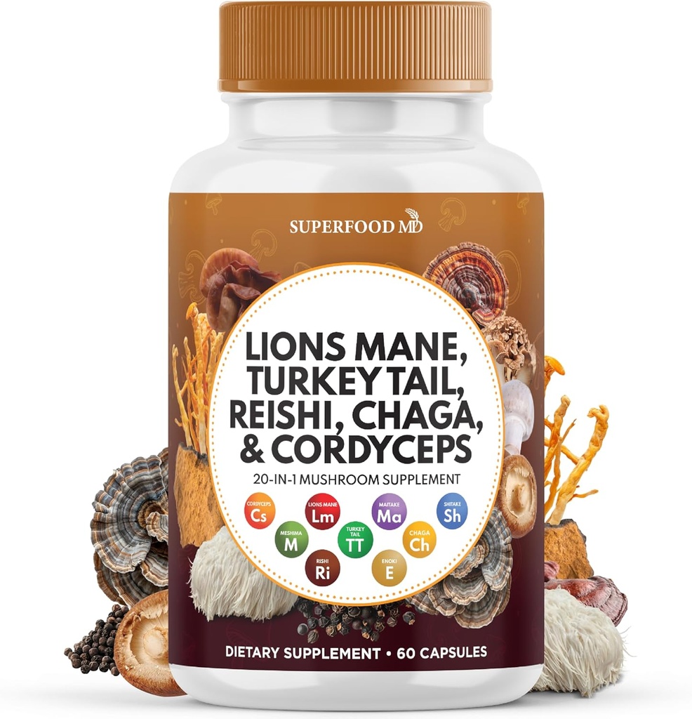 Leoni Mane Mushroom Supplemento con Turchia Tail Reishi Cordyceps Chaga con Marshmallow Root - 60 Conte