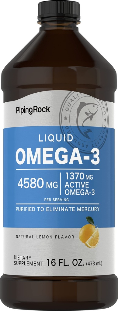 Piping Rock Omega 3 Fish Oil Liquid Supplemento | 16 Fl Oz | Mercury Free | Lemon Flavor | 1370 mg Active Omega-3 | per uomini e donne | Non OGM, Gluten Free