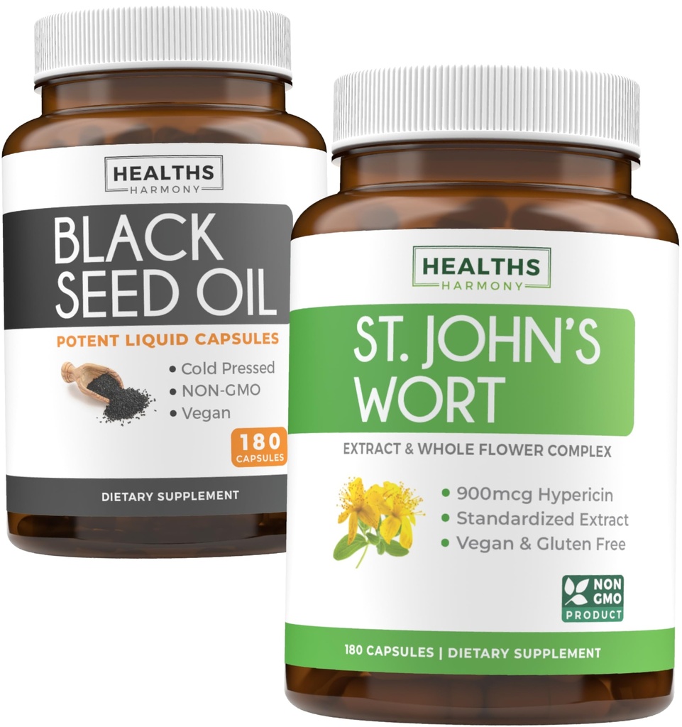Black Seed Oil & St. John's Wort (3-Month Supply) Harmony Essence Bundle of Black Seed Oil (180 Capsules) Cold-Pressed Nigella Sativa & St. John's Wort (180 Capsules) con potente 900mcg Hypericin