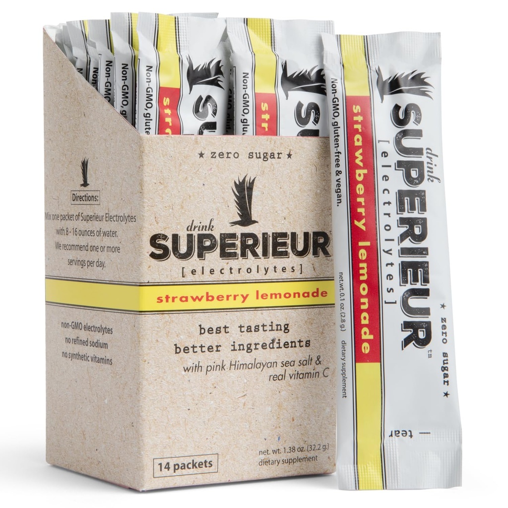 Superieur Electrolyte Powder Packets- Vegan Electrolyte Hydration Powder w/Sea Minerals- Keto Friendly, Non-GMO, Zero Sugar Electrolyte Supplement-Healthy Sports Drink-Strawberry Lemonade (14 pacchetti)