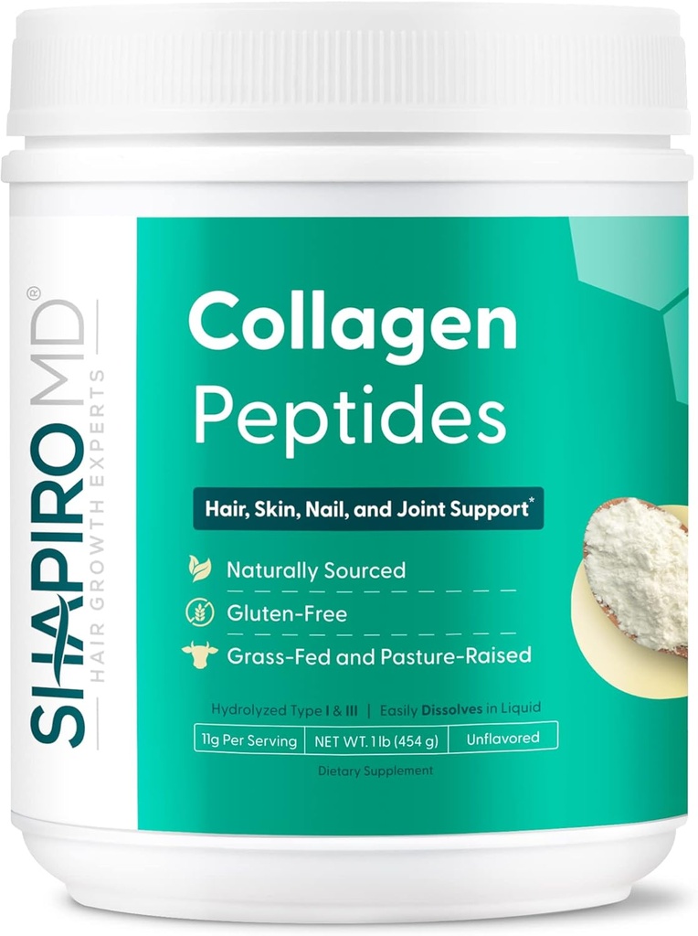 Shapiro MD Hair Growth Experts Collagen Peptides Powder, Collagen Powder Supplement for Hair, Skin, Nails and Joint Support, I & III Collagen idrolizzato per un facile assorbimento, 11g Collagen - 16 oz.