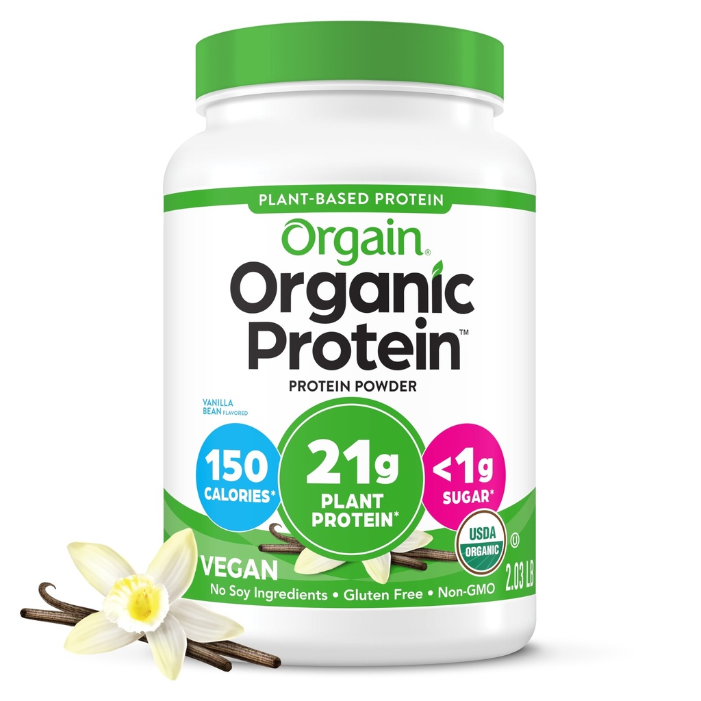 Orgain Organic Vegan Protein Powder, Vanilla Bean - 21g Plant Protein, 6g Prebiotic Fiber, Nessun Lattosio Ingredienti, Non Aggiunto Zucchero, Non OGM, Per Shakes & Smoothies, 2.03 lb (Packaging May Vary)