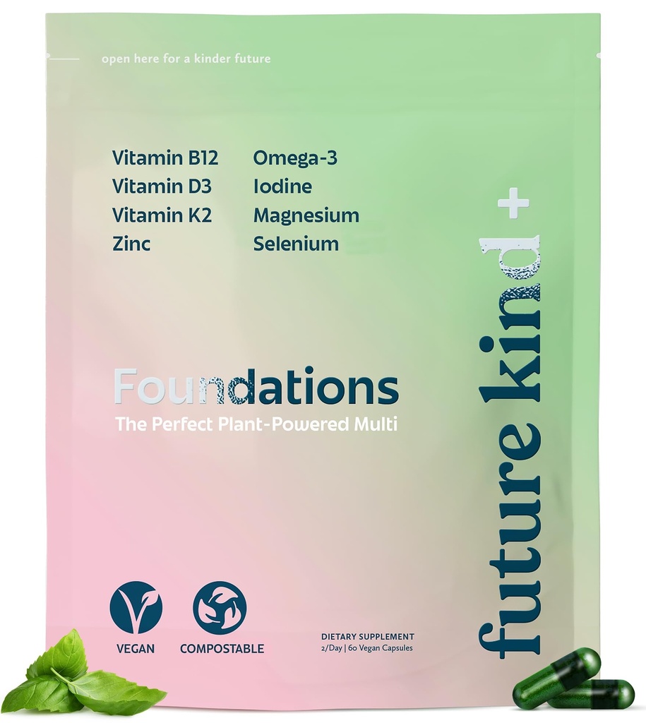 Futuro tipo Carrageenan-Free Foundations Multivitamina per donne e uomini con Omega-3, B12, D3, Zinco, Iodine, Magnesio, K2 & Selenium, Vegan, Borsa Compostable (60ct)