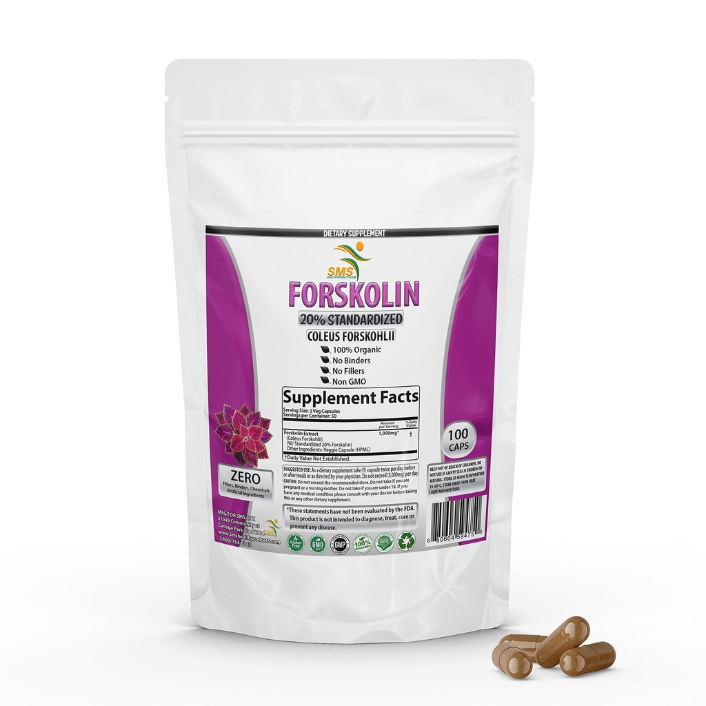 Pure Forskolin Extract Supplement con Potent Coleus Forskohlii 20% Standardized 1.000 mg per l’energia potenziata - integratori energetici basati sulle piante per le donne e gli uomini - 100 capsule vegetali