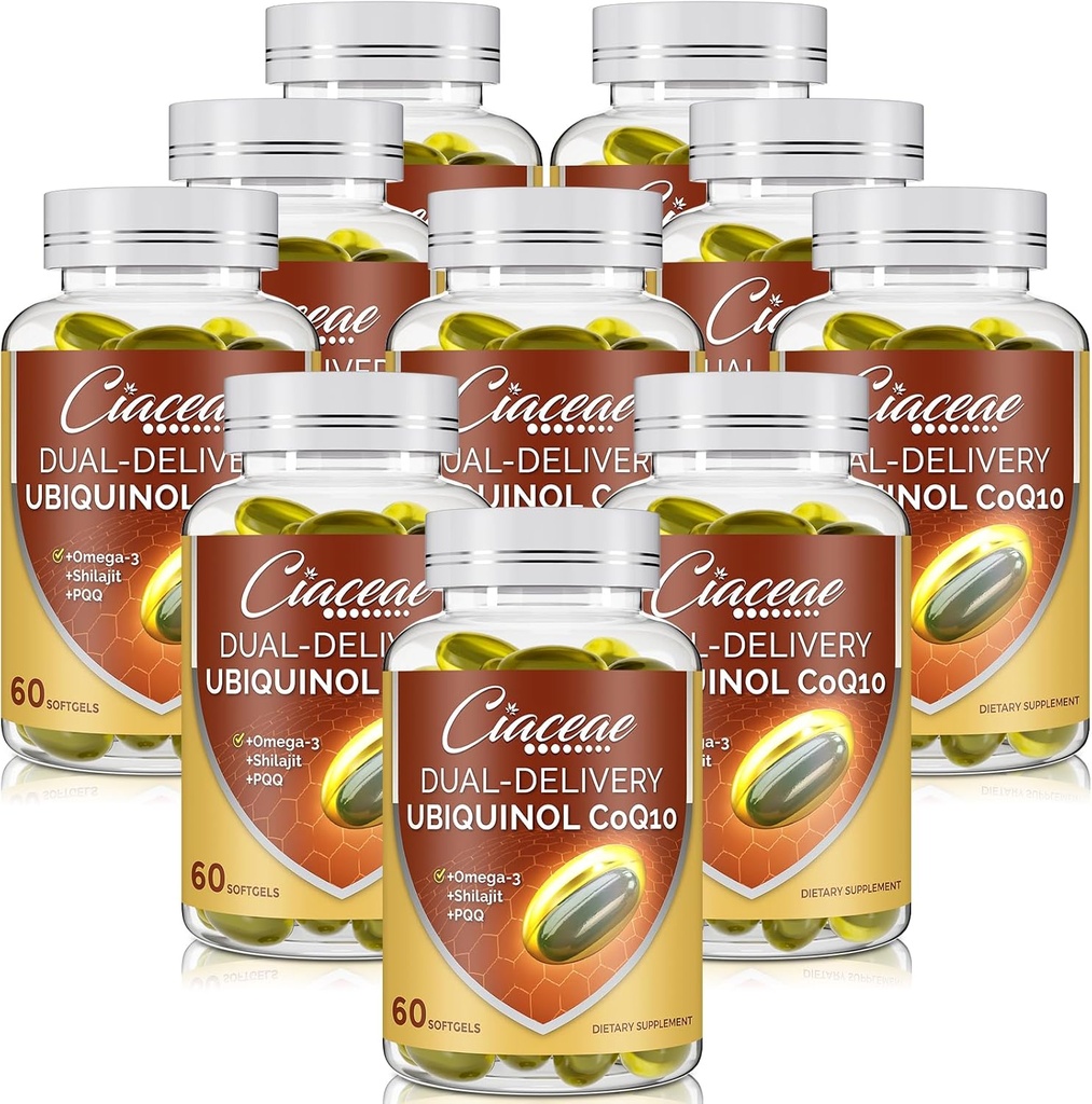Ubiquinol CoQ10 600 MG Softgels con Omega-3 & Shilajit & PQQ, Advanced Dual-Delivery Coenzyme-Q10, Active CoQ10 Ubiquinol Supplemento per fertilità, antiossidante, cuore, cervello & energia, 600 Servings