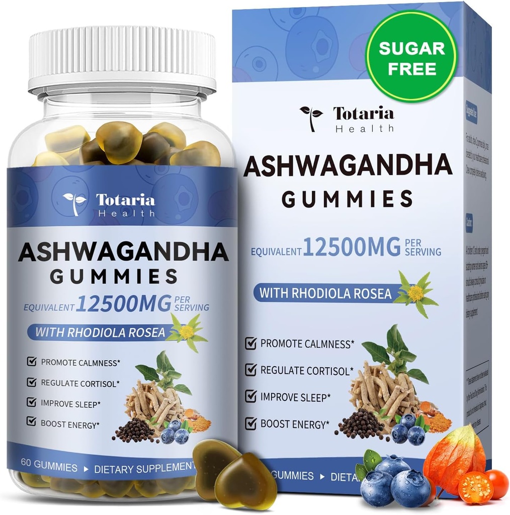 Totaria Sugar Free Ashwagandha Filled Gummies 2500mg w/Vitamin D3, Magnesium Glycinate, Rhodiola, Ultra Strength Ashwa Root Integratori per Donne & Wen, per Rilassamento, Energy, Blueberry Flavor