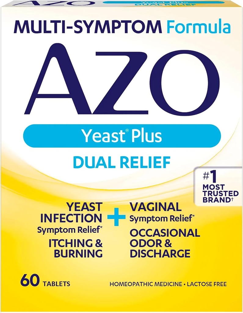 AZO Yeast Plus Dual Relief Tablets, lievito infezione e sollievo vaginale sintomo, allevia prurito vaginale & Burning, 60 Conte
