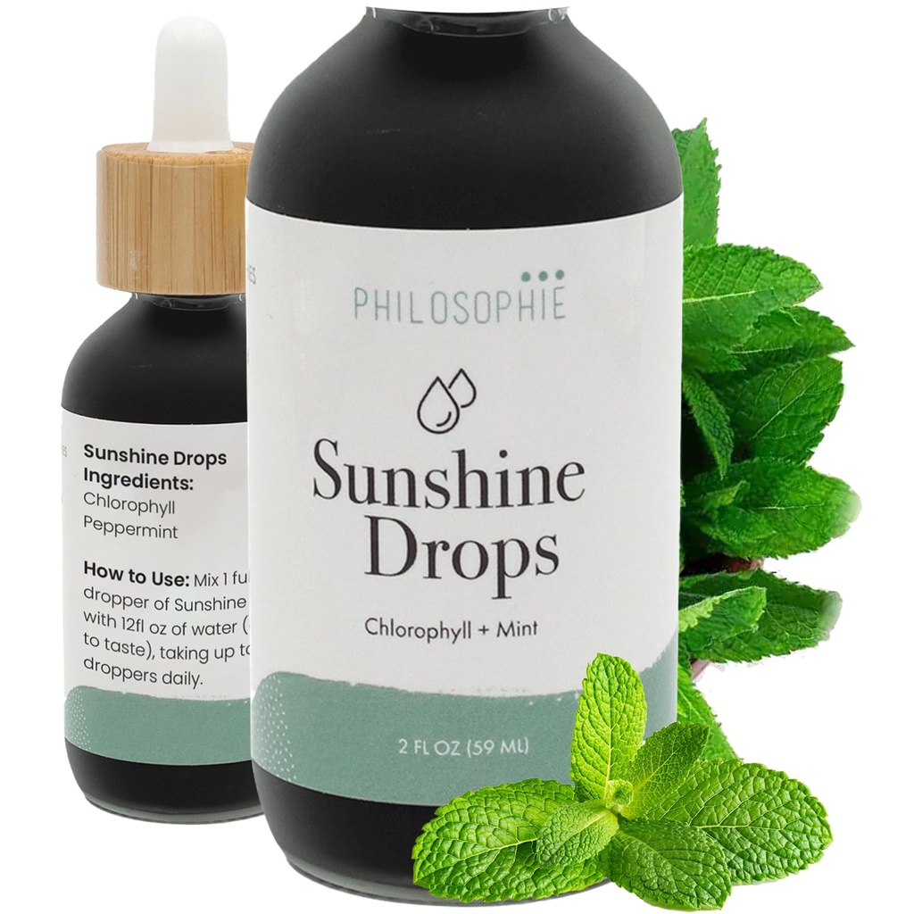 Philosophie Liquid Chlorophyll Gocce di sole per acqua | Gocce di clorofilla organica con zecca per Detox, Deodorante interno & Energy Boost | Natural Vegan Supplement, Non-GMO, 2oz