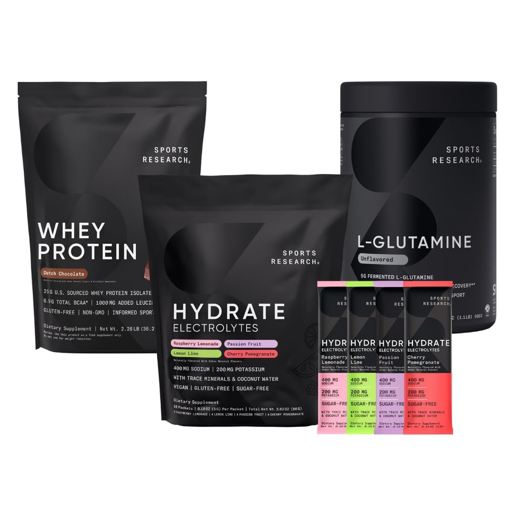 Ricerca sportiva Multi Flavor Hydrate Electrolytes Packets, Olandese cioccolato aromatizzato Whey Protein Isolate Polvere e L-Glutamina non aromatizzata