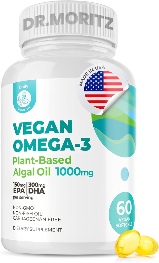 DR. MORITZ Vegan Omega-3 Softgels per adulti e bambini, Fatto da olio di alghe con DHA EPA, Piccolo alghe Omega 3 Integratori, Vegan, 60 Conte