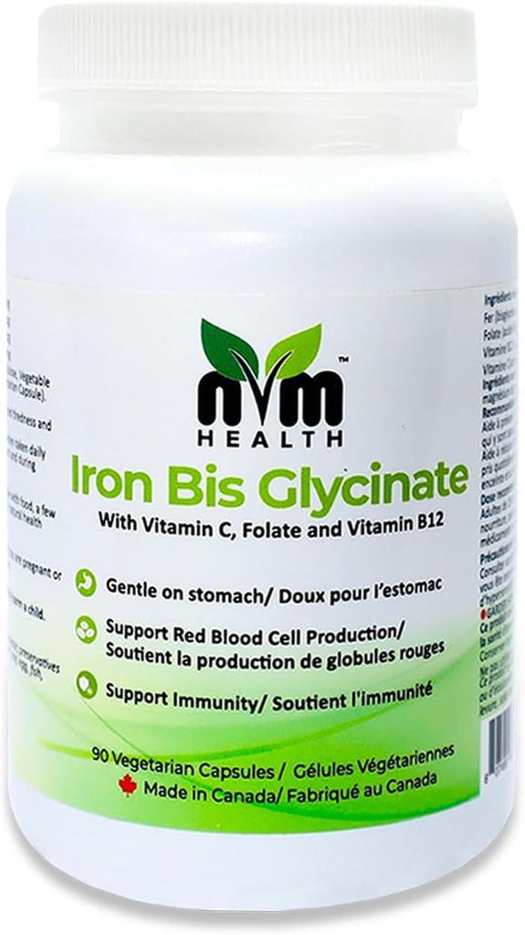 Supplemento di ferro delicato per gli adulti I Iron bisglycinate con vitamina C, B12, acido folico Sostiene la formazione delle cellule di sangue rosso & aumenta l'immunità - 90 capsule vegeterian, senza glutine