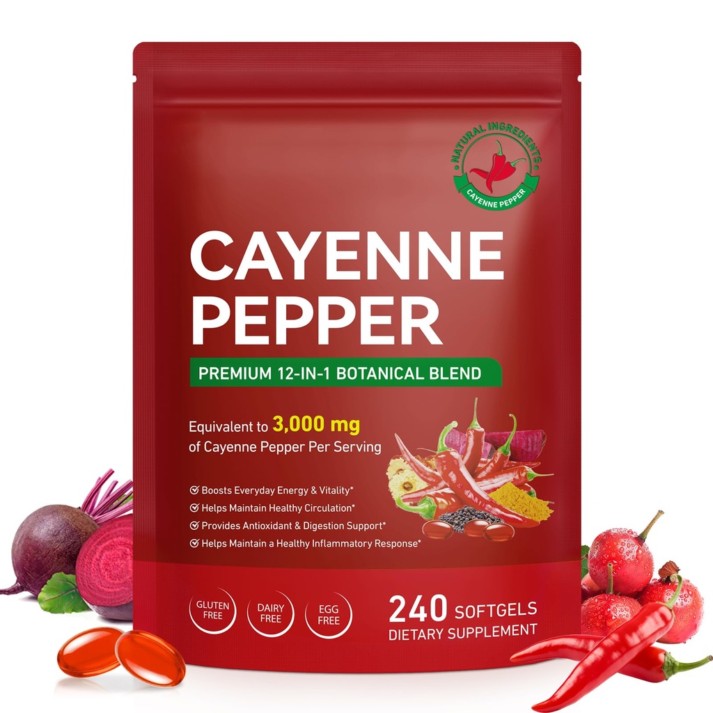 Cayenne Pepper Softgels Supplement, Capsaicin Supplements, Capsaicin Powder, with Vitamin D3+K2, Beetroot, Grape Seed, Hawthorn, and Turmeric, Supports Digestive & Gut Health, 240 Capsules