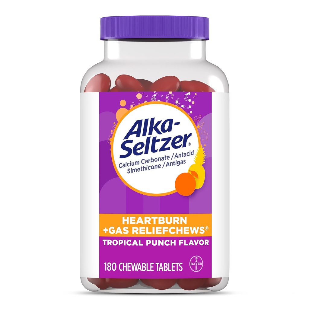 Alka-Seltzer bruciore di stomaco + sollievo di gas chews, Antacid + antigas chews per il sollievo di bruciore di stomaco veloce, gas e sollievo di indigestione acida Sulla via, 180 Ct