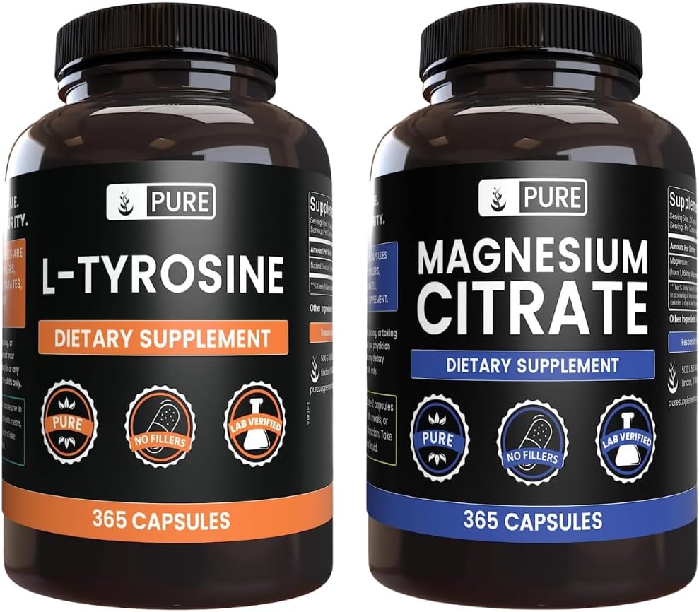 PURE ORIGINAL INGREDIENTI L-Tirosina e Magnesio Citrato Bundle, 365 capsule Ogni, Sempre Pure, Lab verificato