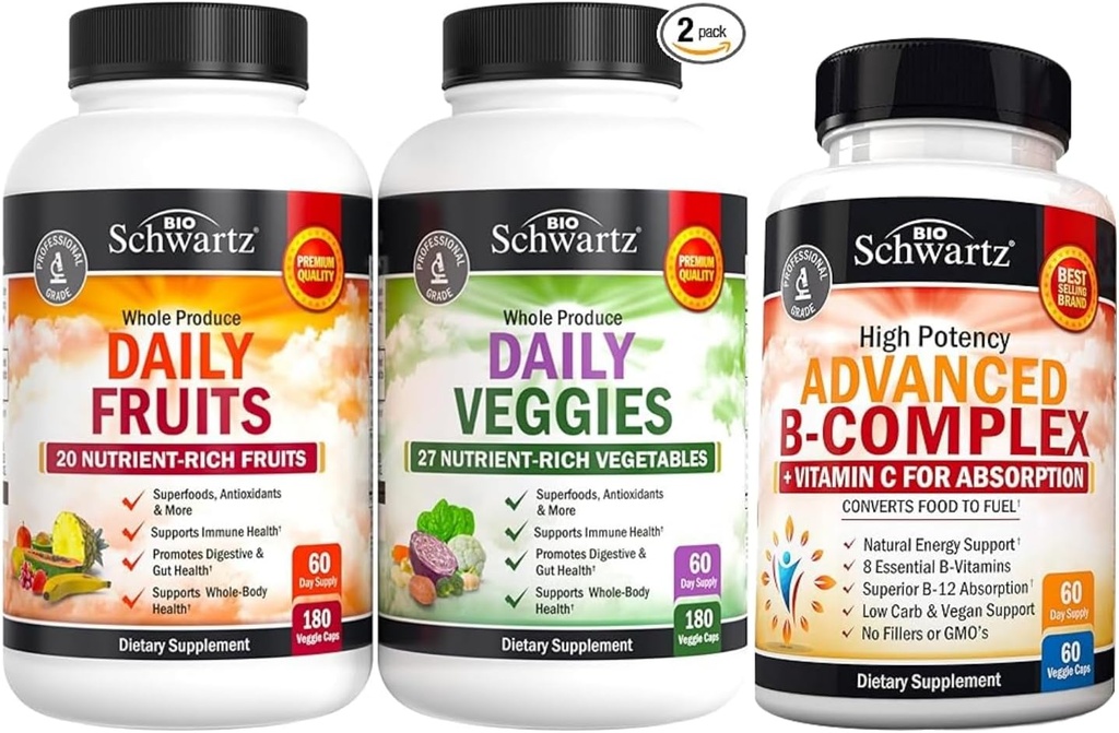 BioSchwartz Daily Fruits and Veggies Supplemento per le donne e gli uomini (2 mesi di fornitura) Plus Vitamina B Complex con vitamina C (2 mesi di alimentazione)