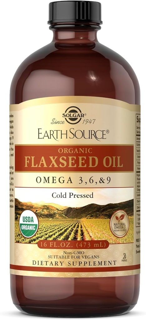 Solgar Earth Source Organic Flaxseed Oil - 16 fl oz - Cold Pressed - Omega 3, 6 & 9 - USDA Organic, Non-GMO, Gluten Free - Circa 31 Serve