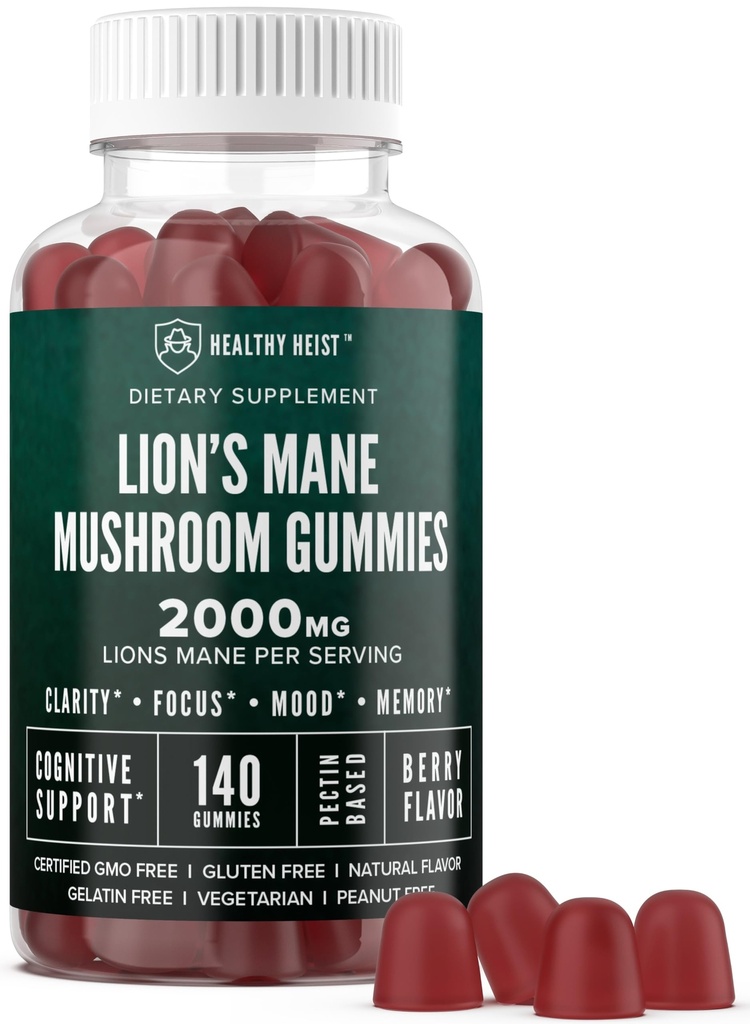 Leoni Mane Mushroom Gummies per gli adulti, 140 conte Bulk Lion's Mane Chewables, Alta potenza 10:1 estratto organico è di 2000mg, Supporti supplemento Clarity mentale, Focus, Mood e Cervello