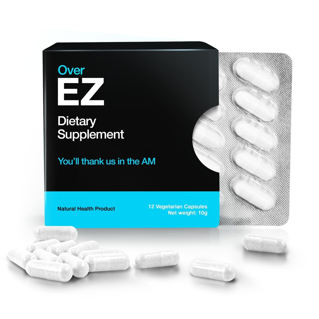 OVER EZ Pre-Drink Supplemento - Party Recovery & Prevention Pills for a Night Out & Better Mornings (12 capsule) & Milk Thistle, Aminoacidi, Vitamina Bs