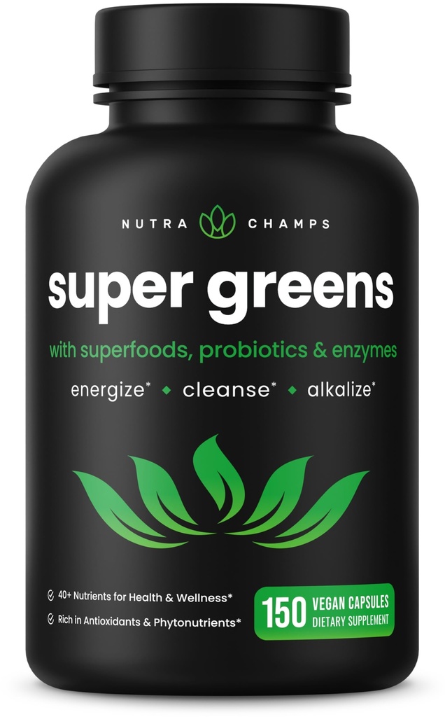 NutraChamps Organic Super Greens Capsules - Alfalfa, Spirulina, Chlorella & More - Antiossidante, Digestivo Enzyme & Probiotic Blends - 150 Green Superfood Capsule