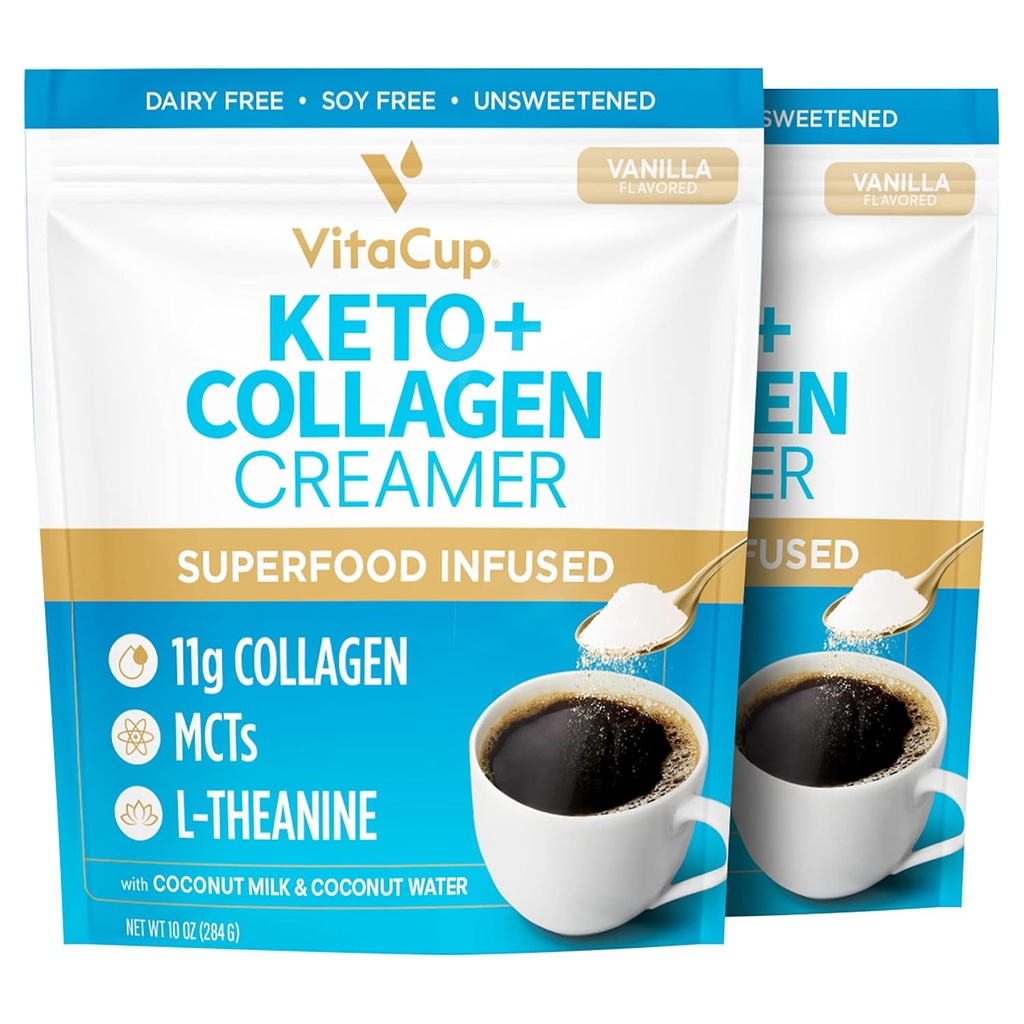 VitaCup Keto + Collagen Coffee Creamer Vanilla Flavor w/MCT, Collagen Protein, Coconut Water, L-teanina per Keto Diet, Caffè, Smoothies, & Shakes, Dairy-Free, Gluten-Free, Soy-Free, 2 borse, 10oz ogni