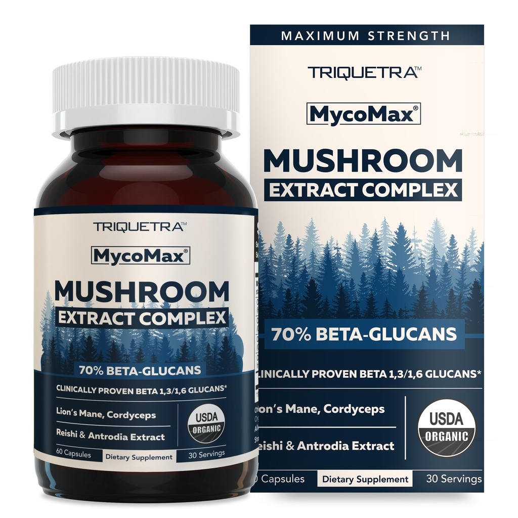MycoMax Mushroom Complex - 70% Beta Glucans, Max Potency Mushroom Supplement, US Grown + Ultrasonic Extraction - Lions Mane, Cordyceps, Reishi & More - Cognizione, Immunity, Energy - 60 capsule
