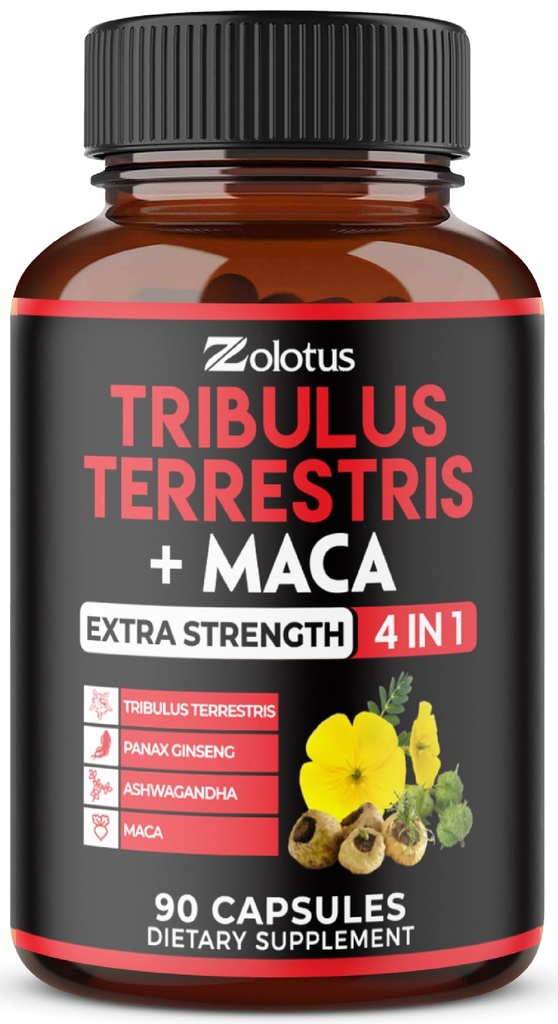 Zolotus Premium Tribulus Terrestris Capsule - Combinati con Ashwagandha, Panax Ginseng & Maca - 90 Conti per 3 Mesi