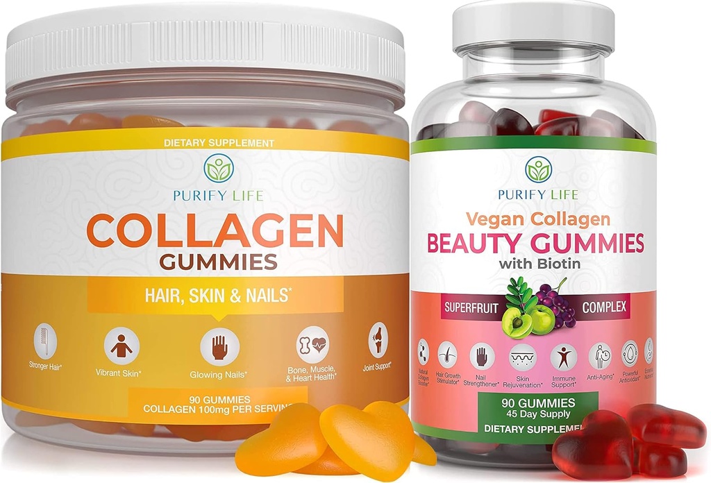 Purificare la vita Marine Collagen & Vegan Collagen Bundle, Gummies Vitamins for Hair Skin and Nails Health (90 Chews), Pore Riduttore & Elasticità, Sostituisci capsule, Pillole